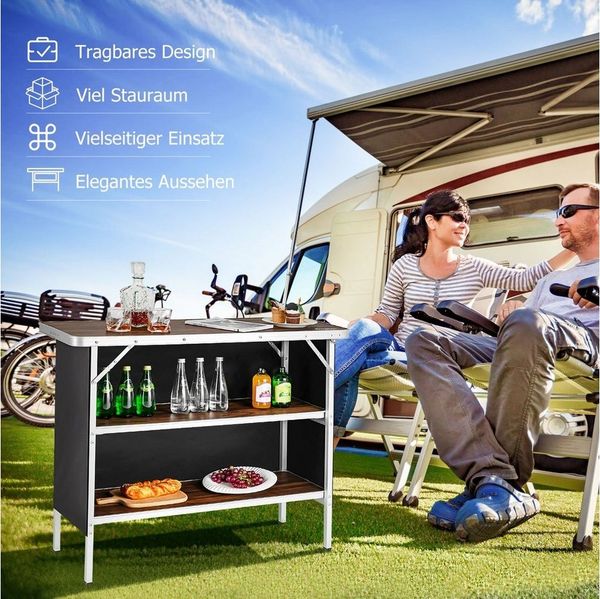 COSTWAY Campingtisch Klapptisch mit Stauraum, faltbar, 2 Regalen, aus Alu
