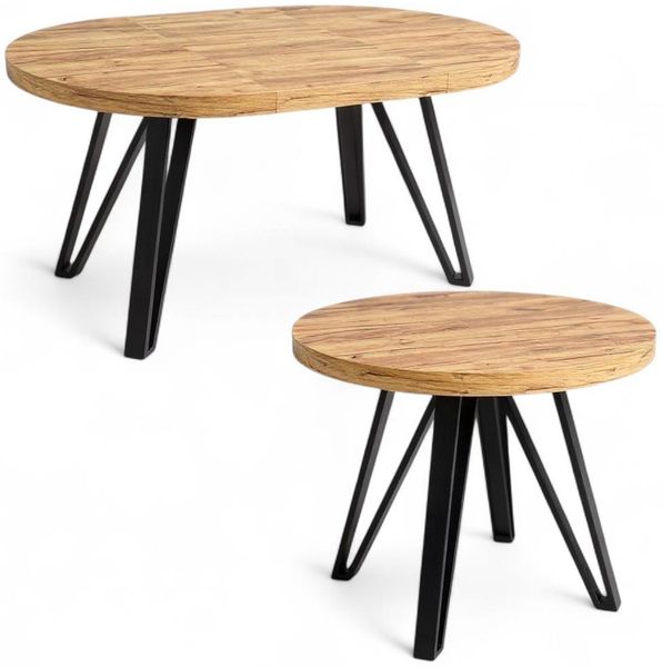 Esstisch ausziehbar, Rund Craft Eiche Ø110/210 cm, Massiver Tisch im Industrial-Stil mit Metallgestell