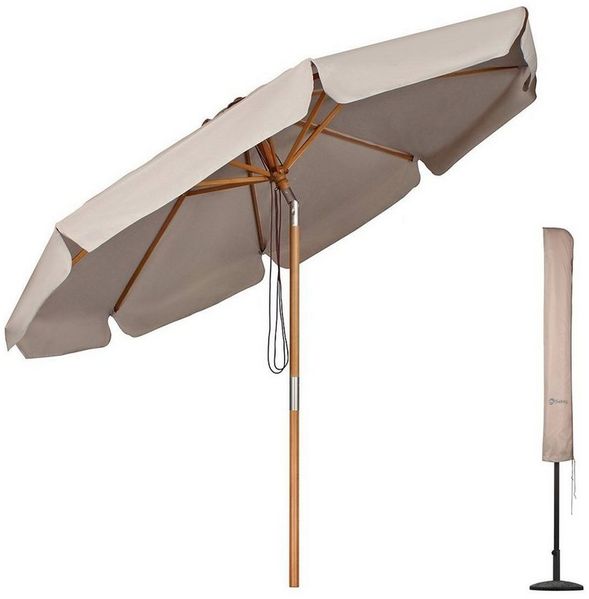 Sekey Sonnenschirm Ø 300 cm Sonnenschirm Holz Gartenschirm Knickbar, Sonnenschutz UPF 50+, LxB: 300,00x300,00 cm, Runder Terrassenschirm mit Volant