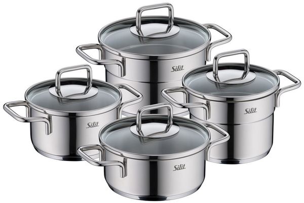 Silit Topf-Set Extra Cook Mini, Kochgeschirr-Set Induktion mit Glasdeckeln, stapelbar, Edelstahl 18/0 (Set, 8-tlg, 2 x Kochtopf 12/14cm, 2 x Bratentopf 12/14cm, 2 x Glasdeckel 12/14cm), SiliTherm Universalboden, breiter Schüttrand, spülmaschinengeeignet