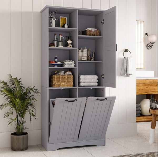 MODFU Hochschrank Badezimmer-Hochschrank (Badezimmerschrank 78 x 35 x 172 cm mit Feuchtigkeitsbeständigem Lack, Doppelm Wäschekorb, Verstellbaren Regalen, Viel Stauraum für Badezimmer und Kleine Räume)