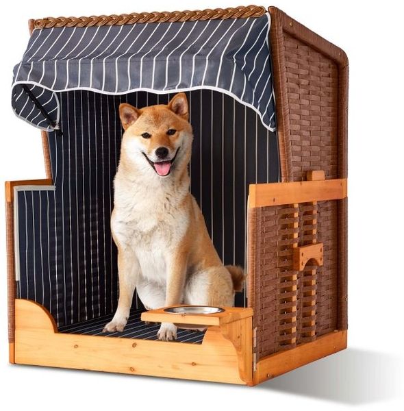 Relaxdays Hundestrandkorb Holz & Rattan inkl. Napf