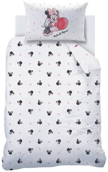 MTOnlinehandel Babybettwäsche Minnie Mouse 100x135 + 40x60 cm, 100 % Baumwolle, Biber, 2 teilig, süße Disney Minnie Maus mit vielen Herzchen in rosa, weiß & rot