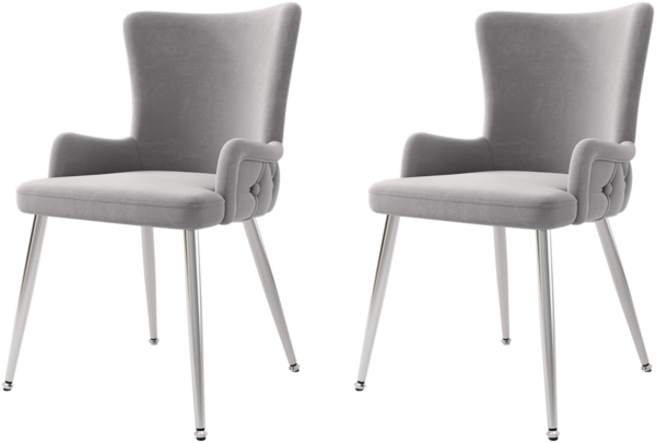 Merax Samt-Esszimmerstuhl, 2er-Set, luxuriöser Wohnzimmer-Schlafzimmer-Loungesessel mit vier silberfarbenen Metallstützbeinen, hellgrau