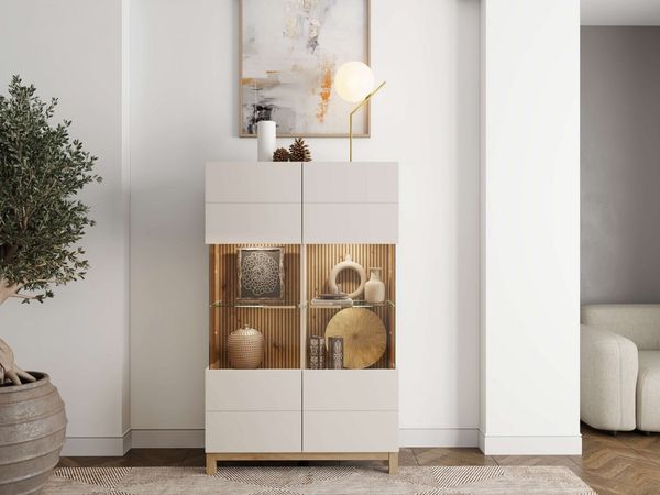 Home affaire Highboard Essex, Hochkommode, Vitrine, Glasvitrine, Kombi-Highboard, Modernes Highboard in Kaschmir mit Glasfront & Lamellen-Optik