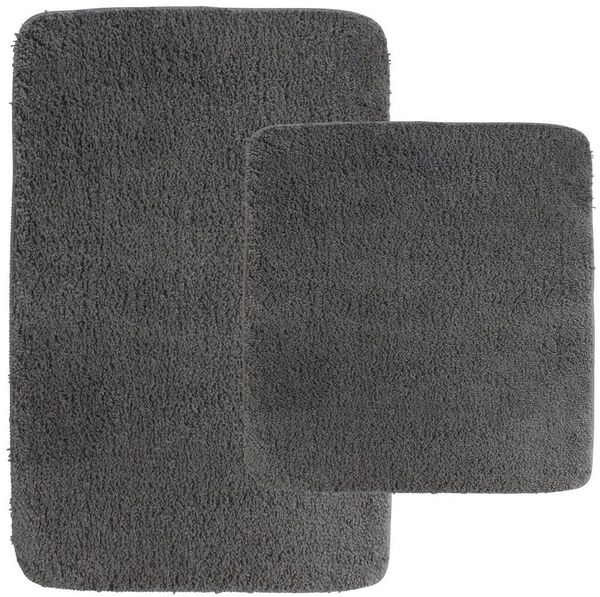 NYVI Badematte Badematten Set 2 teilig NYVISpa Lasalle Grau Badezimmerteppich Set, Höhe 20 mm, Polyester, Badematte 50x80cm + WC Vorleger ohne Ausschnitt, Rutschfest & Waschbar