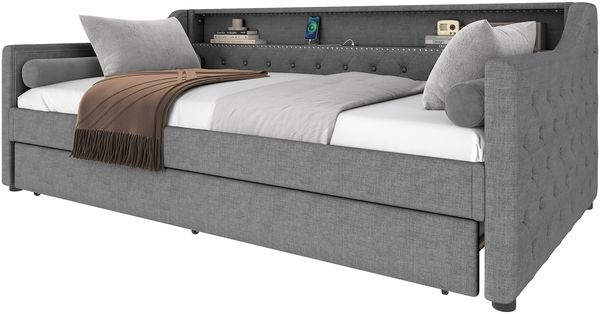 Daybett, 90 x 200cm, Schlafsofa, Tagesbett mit Lattenrost (ohne Matratze), Mit LED-Leuchten, Bett mit ausziehbarem Bett, USB-Ladebuchse, Linen, Grau Bild 7