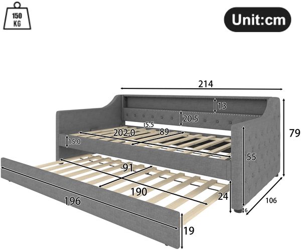 Daybett, 90 x 200cm, Schlafsofa, Tagesbett mit Lattenrost (ohne Matratze), Mit LED-Leuchten, Bett mit ausziehbarem Bett, USB-Ladebuchse, Linen, Grau Bild 9