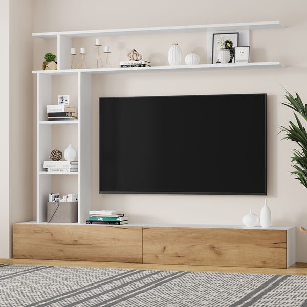 TV-Wandschrank-Set mit vertikalem Wandregal & oberem Präsentationsboard,Weiß-Holz Optik,2 Klapptüren,offener Stauraum