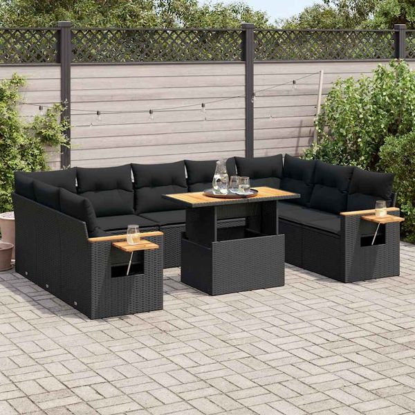 vidaXL 10-tlg. Garten-Sofagarnitur mit Kissen Schwarz Poly Rattan 3327639
