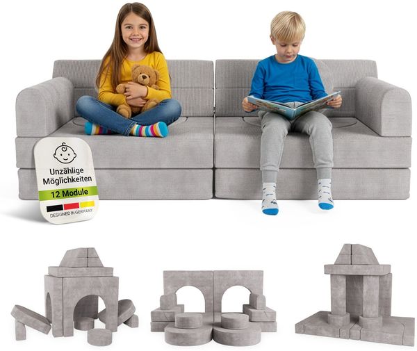 Juskys Kindersofa Kayo –Cord, modular & weich, Sofa für Kinderzimmer & Spielzimmer, sicher, flexibel, pflegeleicht, mit abnehmbaren Bezügen – Hellgrau