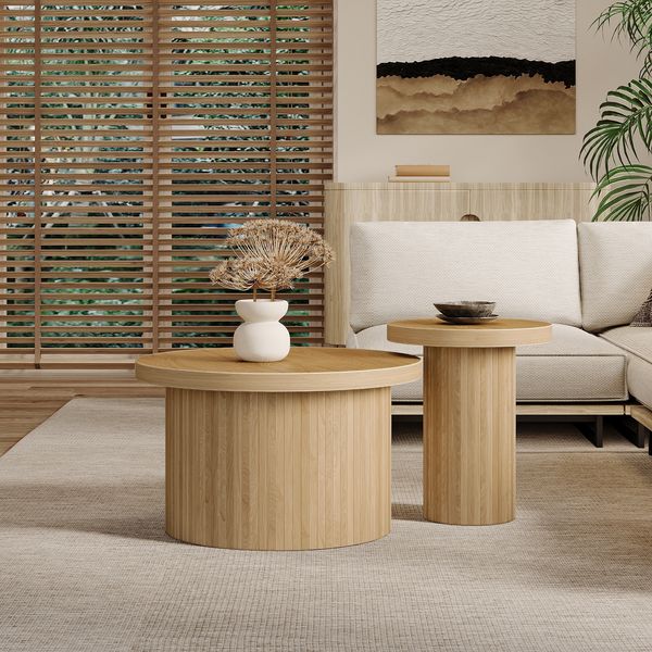 Couchtisch-Set, rund mit Holzlamellen, Ø 66x40 & Ø 40x46 cm, Natur
