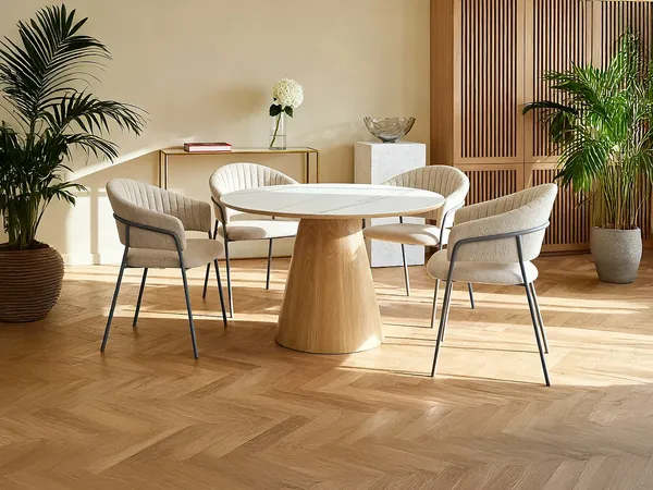 Vente-unique - ANTALIZA Esstisch KeramikHolz, Platte BeigeWeiß - B 120 cm x H 75,5 cm x L 120 cm