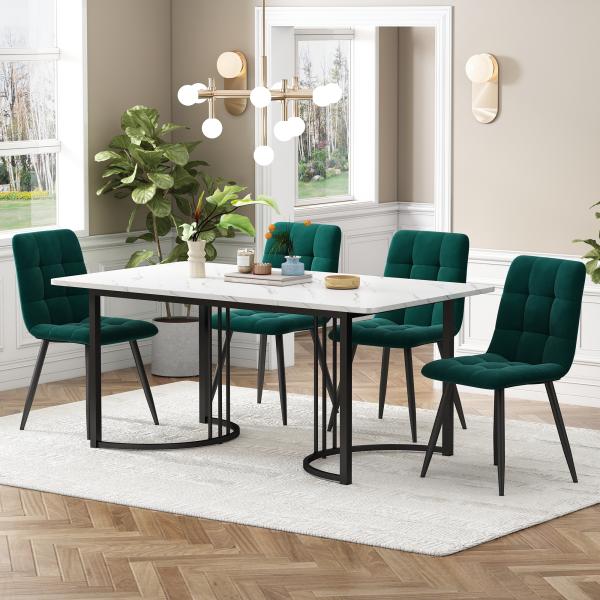 Merax Essgruppe (5-tlg), Esstisch mit 4 Stühlen Set, Moderner Küchentisch Set , 140×80cm Küchentisch mit Schwarz Metallbeinen, MDF Tischplatte in Weißer, Dunkelgrün Samt Esszimmerstühle