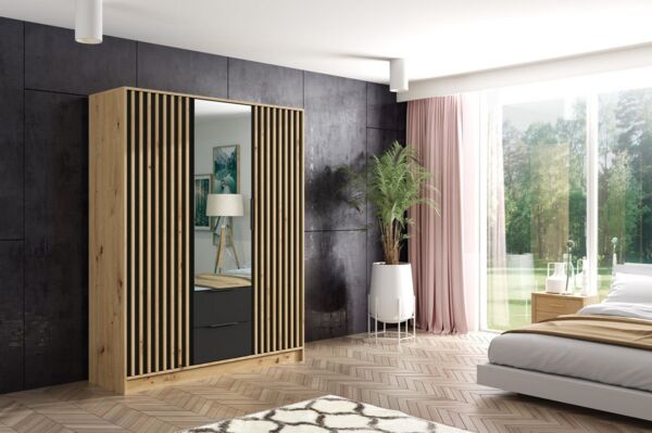 ALTDECOR Drehtürenschrank NERA (Kleiderschrank Garderobenschrank mit viel Stauraum, Moderner Schrank) Vielseitiger Drehtürenschrank mit Flügeltüren Schubladen Lamellen