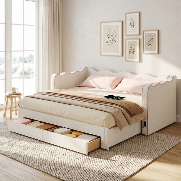 Polsterbett, Daybett, Tagesbett, Sofabett, mit 2 Schubladen für Stauraum, Schlafsofa, Tagbett 90x200 cm, ausziehbar auf 180 cm, mit USB-Anschluss, bouclé, beige