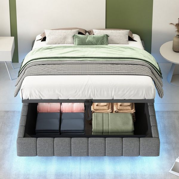 Ulife Polsterbett Doppelbett, Hydraulischer Schwebebettrahmen mit Stauraum (Ohne Matratze), ohne Kopfteil mit LED-Licht, 140x200cm
