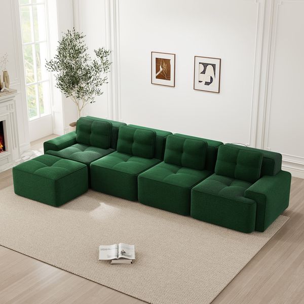 Modulsofa aus Cord mit Chaiselongue, 4-Sitzer, 382 x 177 x 69 cm, grün