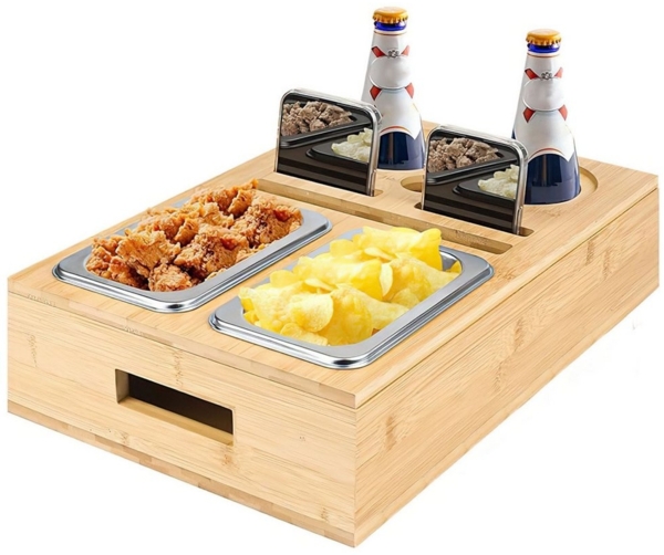 SURFOU Schüssel Snackbox mit Snackschalen aus Edelstahl und Zwei Untersetzern, (Tablett Holz Sofatablett Organizer Flaschenhalter mit Abnehmbarem), für Sofa Deko Couch Bar mit Getränkehalter Snackbox mit Fächern Bild 1