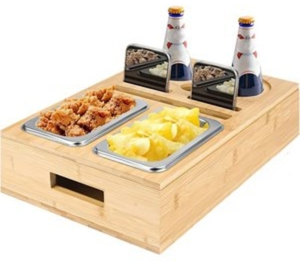 SURFOU Schüssel Snackbox mit Snackschalen aus Edelstahl und Zwei Untersetzern, (Tablett Holz Sofatablett Organizer Flaschenhalter mit Abnehmbarem), für Sofa Deko Couch Bar mit Getränkehalter Snackbox mit Fächern Bild 6