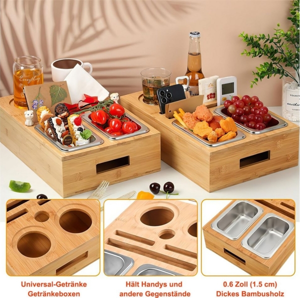 SURFOU Schüssel Snackbox mit Snackschalen aus Edelstahl und Zwei Untersetzern, (Tablett Holz Sofatablett Organizer Flaschenhalter mit Abnehmbarem), für Sofa Deko Couch Bar mit Getränkehalter Snackbox mit Fächern Bild 3