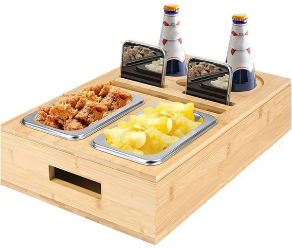 SURFOU Schüssel Snackbox mit Snackschalen aus Edelstahl und Zwei Untersetzern, (Tablett Holz Sofatablett Organizer Flaschenhalter mit Abnehmbarem), für Sofa Deko Couch Bar mit Getränkehalter Snackbox mit Fächern Bild 4