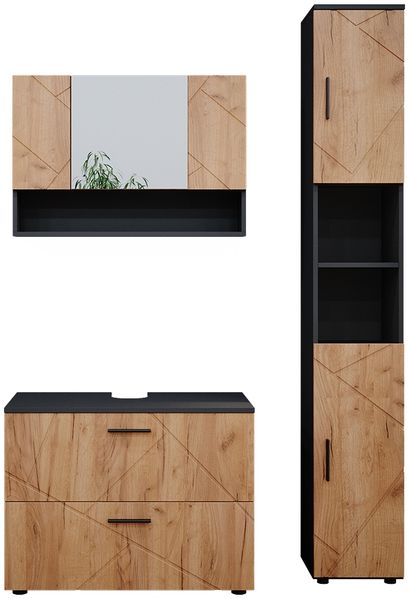 Badmöbel-Set Irma Goldkraft Eiche/Anthrazit 3 Teile, mit Spiegelschrank 80 cm Vicco