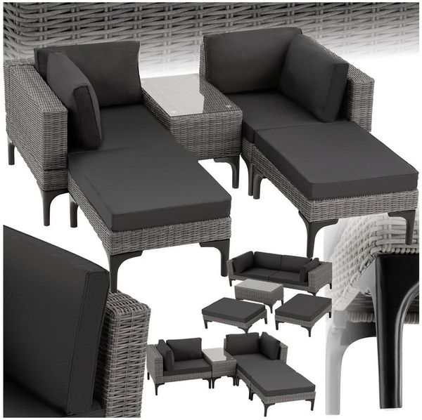 tectake Loungeset Rattan Sitzgruppe mit Sicherheitsglasplatte, schlanke, hohe Beine, (Gartenlounge-set Bellaria, 5-tlg, geeignet für Outdoor in Grau), wetterfest und UV-beständig, Dicke der Sitzpolster 8 cm