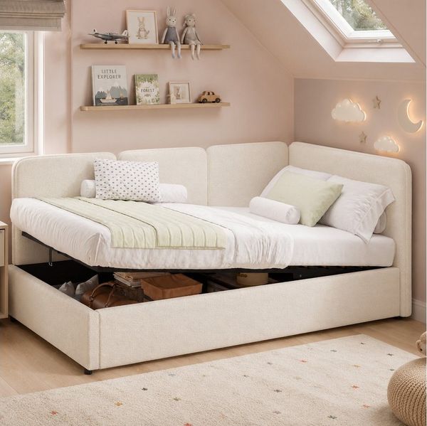 Flieks Daybett Austauschbare linke und rechte Seite, Polsterbett Schlafsofa Kinderbett 90x200 cm mit hydraulischem Stauraum
