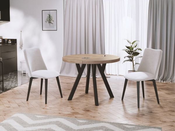 WFL GROUP Designer Runder Ausziehbarer Esstisch - Loft-Stil, Industriell, Platzsparend - Schwarze Beine - 100 bis 200cm - für 6-8 Personen - Hergestellt in EU - Eiche Sonoma - 150 cm