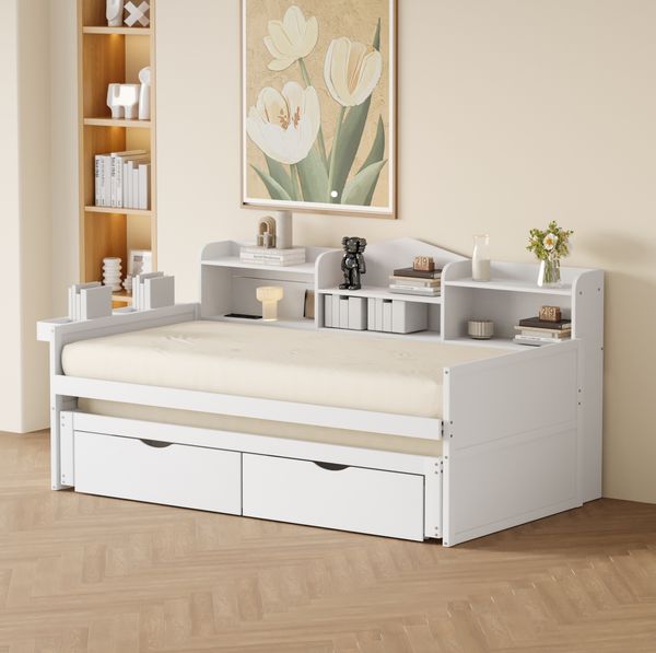 Multifunktionales Schlafsofa Weiß 90x200 Mit Ausziehbett USB Ladesteckdose Schubladen Stauraum Metall Konstruktion 120kg Tragkraft Gästebett Jugendzimmer