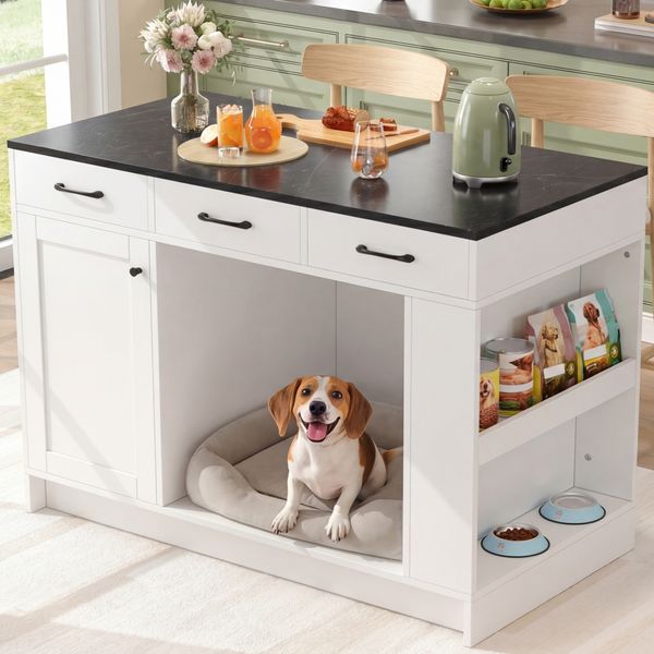 Kücheninsel, Schrank mit 3 Schubladen, 1 Gewürzablage, verstellbare Regalplatte, Doppelablage (ohne Hundefutterteller), geräumiger Haustieraufbewahrungsbereich (ohne Hundekissen), 120*60*90 cm, weiß