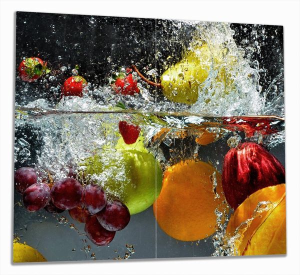 Wallario Herd-Abdeckplatte Früchte im und unter Wasser - Splashing Fruits, ESG-Sicherheitsglas, (Glasplatte, 2 tlg, inkl. 5mm Noppen), verschiedene Größen
