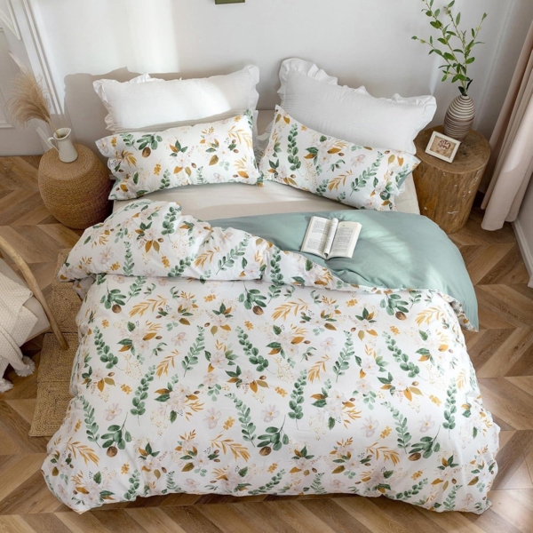 Bettwäsche Baumwolle Pflanzenmuster ÖkoTex 155x220 Leinen Optik Salbeigrün