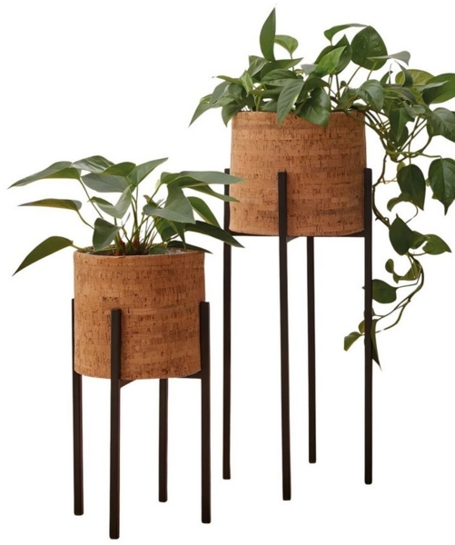Dekoleidenschaft Blumentopf "Kork" mit Metallgestell, schwarz und Pflanztopf in natur, Übertopf (2 St, im Set), Pflanzgefäß, Blumentopf, Pflanzkübel, Blumentopfständer