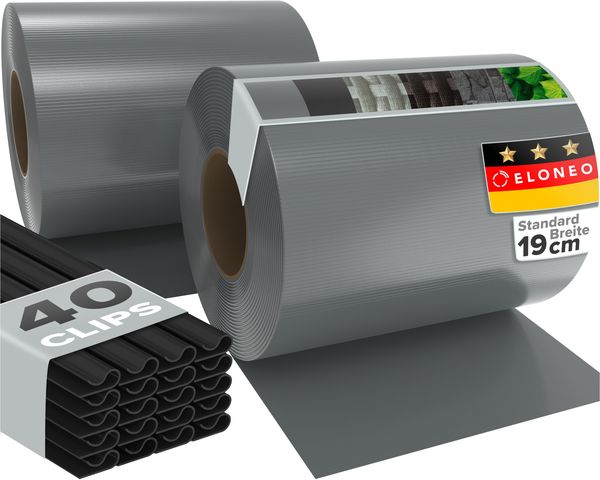 ELONEO PVC Sichtschutzstreifen für Doppelstabmattenzaun, 35m x 19cm je Rolle, 2er-Set Hellgrau