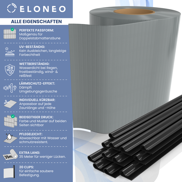 ELONEO PVC Sichtschutzstreifen für Doppelstabmattenzaun, 35m x 19cm je Rolle, 2er-Set Hellgrau Bild 3