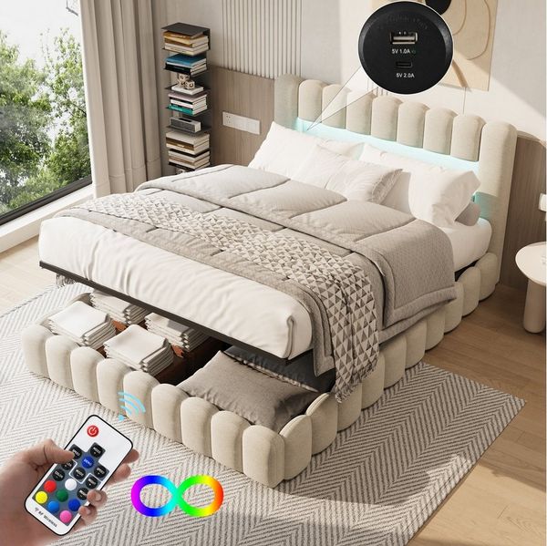 Gdood Polsterbett Stauraumbett Doppelbett LED, Leinenstoff (1-tlg, Type-C + USB, Hydraulisch hebbarer Stauraum), Mit Bettkasten, LED-Beleuchtung, USB-Anschluss, 140x200 cm