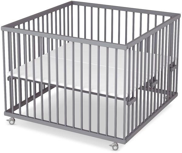 Sämann Laufstall Baby mit Matratze Cloud Air | TÜV geprüft | stufenlos höhenverstellbar | Laufgitter Premium | Babybett aus Holz | Krabbelgitter (grau, 100x100 cm)