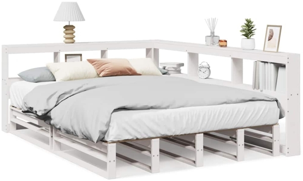 vidaXL Massivholzbett mit Regal ohne Matratze Weiß 160x200 cm Kiefer 3324494