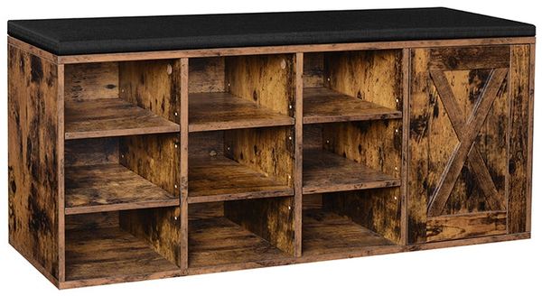Vasagle Schuhbank, Aufbewahrungsschrank, Schuhregal mit 9 offenen Fächern und einem Schrank, mit Polsterung, 110 x 30 x 48 cm, rustikale Tür, vintagebraun von Songmics LHS058X01 Bild 2