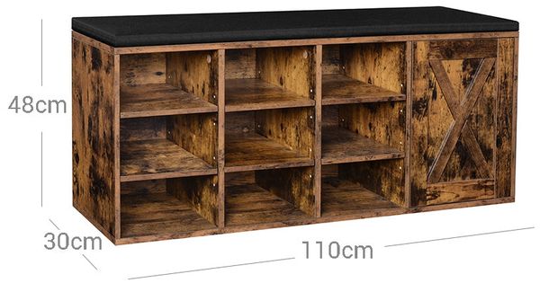 Vasagle Schuhbank, Aufbewahrungsschrank, Schuhregal mit 9 offenen Fächern und einem Schrank, mit Polsterung, 110 x 30 x 48 cm, rustikale Tür, vintagebraun von Songmics LHS058X01 Bild 7