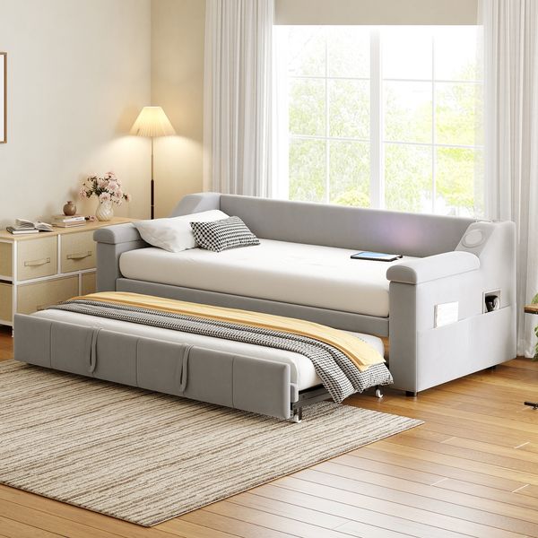 Schlafsofa mit Bluetooth Sound & USB, 90/180x190 cm Samt Hellgrau – Ausziehbares Kingsize Gästebett, hydraulisch, multifunktional