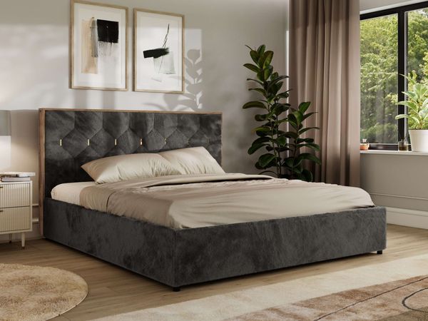 Polsterbett mit Bettkasten LARINO CLASSIC 140 x 200 cm Lattenrost und Gasdruckfedern, stabiles Bettgestell, modernes Design Pocket Matratze - Dunkelgrau Plüsch - VIRE LUX