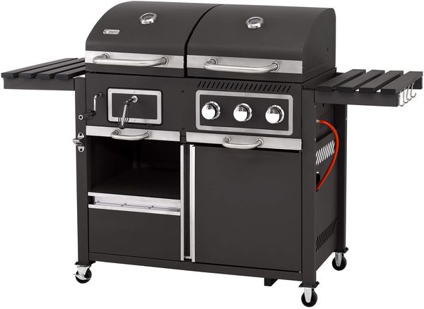 tepro Gas Kohle Kombigrill Toronto, Grillwagen mit Holzkohle- und Gasgrill-Modus, 3 Brenner mit je ca. 2,9 kW Leistung, Piezozündung, Thermometer, Maße ca. 173 x 65 x 116,5 cm, Schwarz