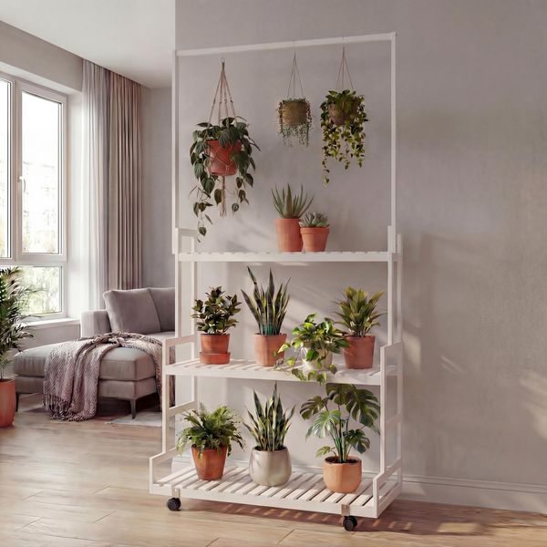 Bambus Pflanzenregal HWC-Q33, Blumentreppe Blumenständer Pflanzentreppe, Stange 3 Ablagen Rollen 175x93x38cm ~ weiß
