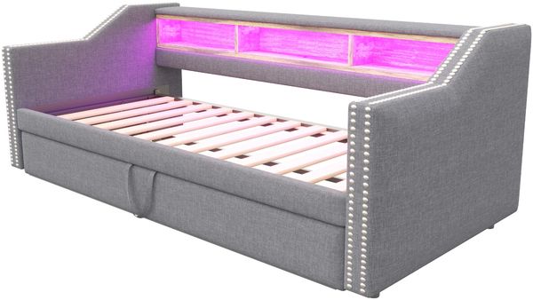 Polsterbett Ausziehbares Schlafsofa 90/180x190 cm, Multifunktionales Staufach, LED-Licht und USB-Buchse, mit Lattenrost, Hellgrau Bild 6