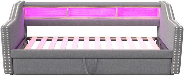 Polsterbett Ausziehbares Schlafsofa 90/180x190 cm, Multifunktionales Staufach, LED-Licht und USB-Buchse, mit Lattenrost, Hellgrau Bild 9