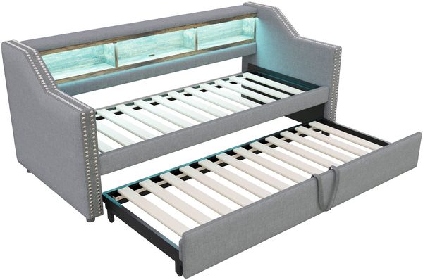 Polsterbett Ausziehbares Schlafsofa 90/180x190 cm, Multifunktionales Staufach, LED-Licht und USB-Buchse, mit Lattenrost, Hellgrau Bild 7