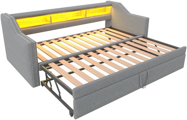 Polsterbett Ausziehbares Schlafsofa 90/180x190 cm, Multifunktionales Staufach, LED-Licht und USB-Buchse, mit Lattenrost, Hellgrau Bild 8